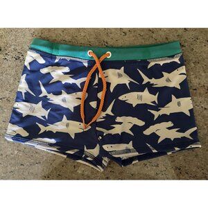 Mini Boden Boy’s Navy White Shark Print Euro Swim Trunks Shorts 4-5